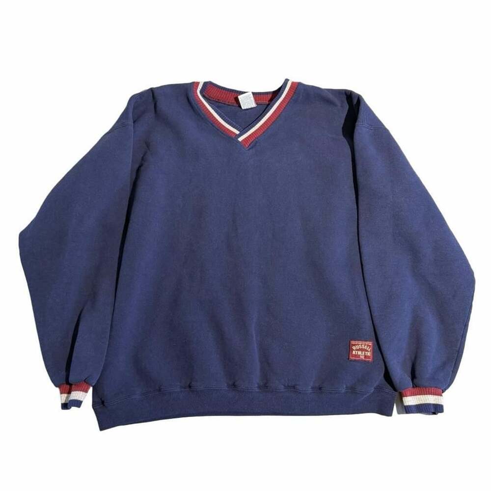 Russell Athletic Sweatshirt Size XL Blue Striped V-Neck Pullover Vintage